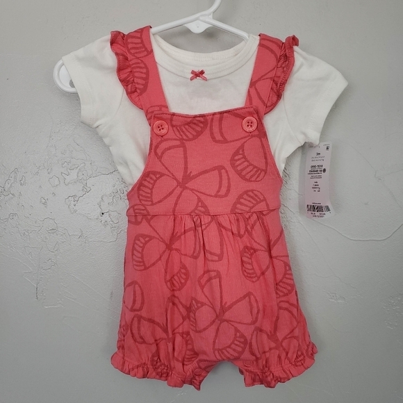 Carter's NWT Baby Girl 3 Month Outfit Pink Butterfly Overalls White Ribbed Top - Picture 1 of 5